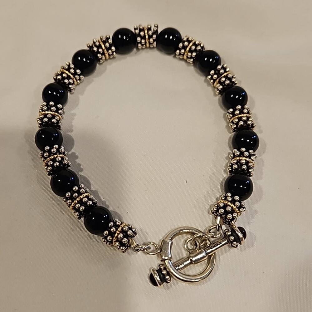 Vintage Sterling Silver Black Onyx Bead Toggle Bracelet 925 Two-Tone